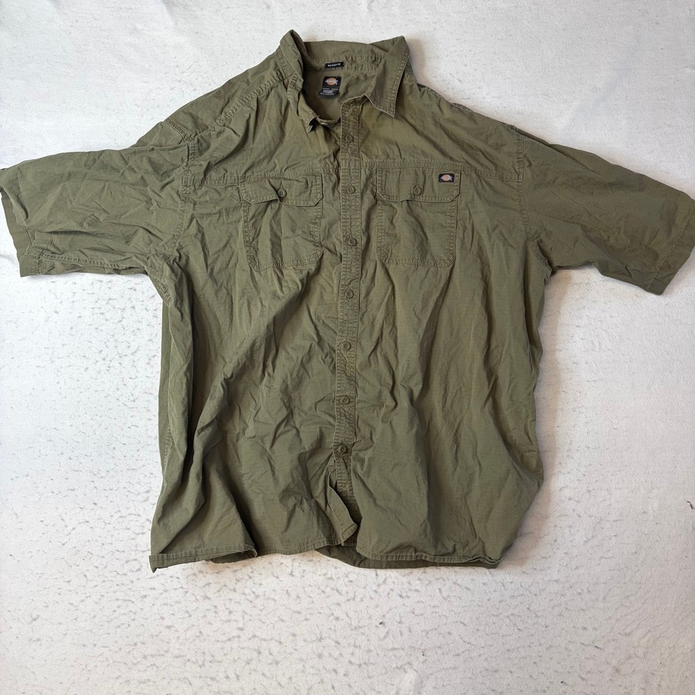 Dickies Button Up Shirt Mens 4XL Green Ripstop Relaxed Fit Short Sleeve